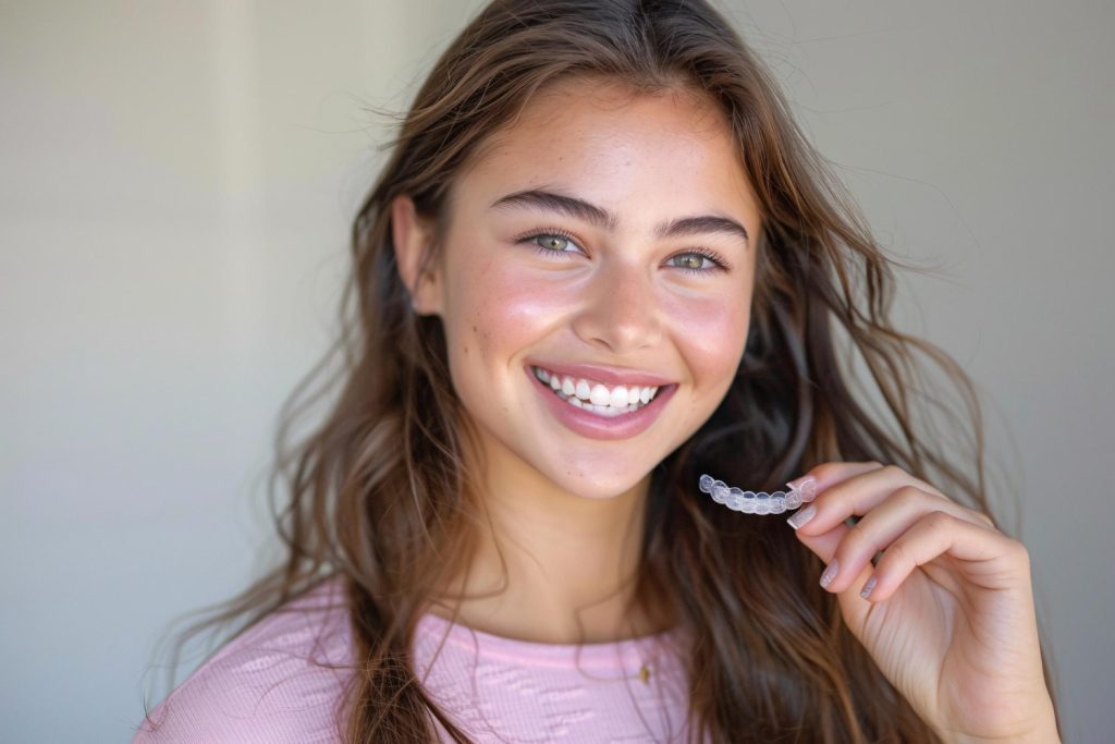Invisalign for teens Pompano Beach — smiling teenage girl holding a clear Invisalign Teen aligner