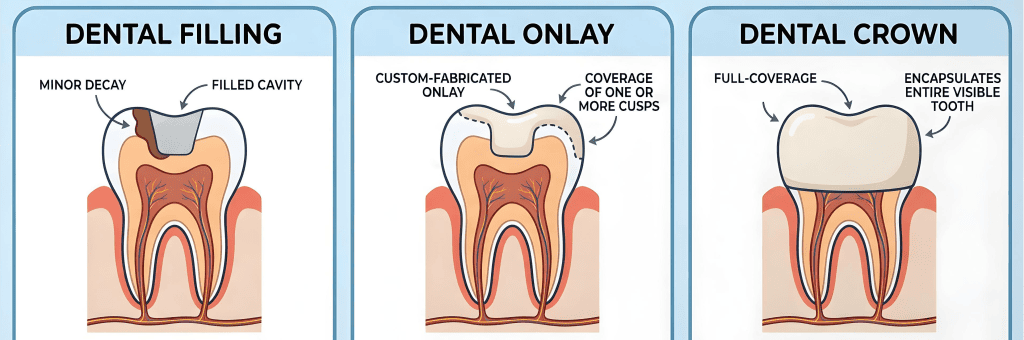 Illustration depicting a dental filling, an Onlay and a dental crown.
