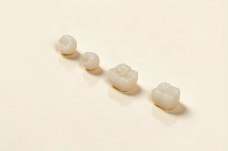 Four tooth-colored ceramic dental crowns of different sizes lined up on a cream surface, illustrating same-day and lab-made crown options