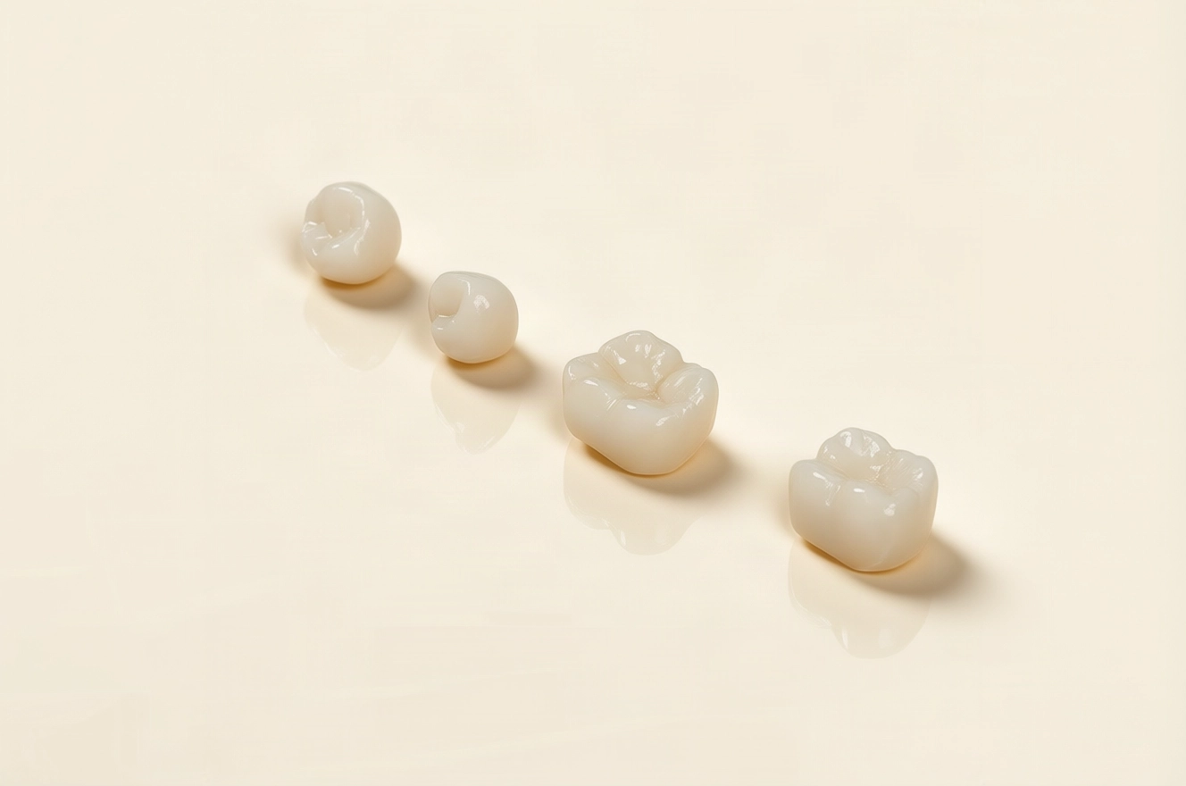 Four tooth-colored ceramic dental crowns of different sizes lined up on a cream surface, illustrating same-day and lab-made crown options
