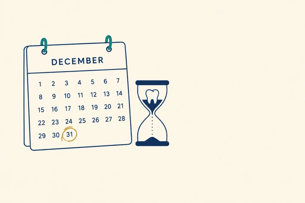 Calendar and hourglass showing October with a tooth: dental insurance benefits reset on January 1