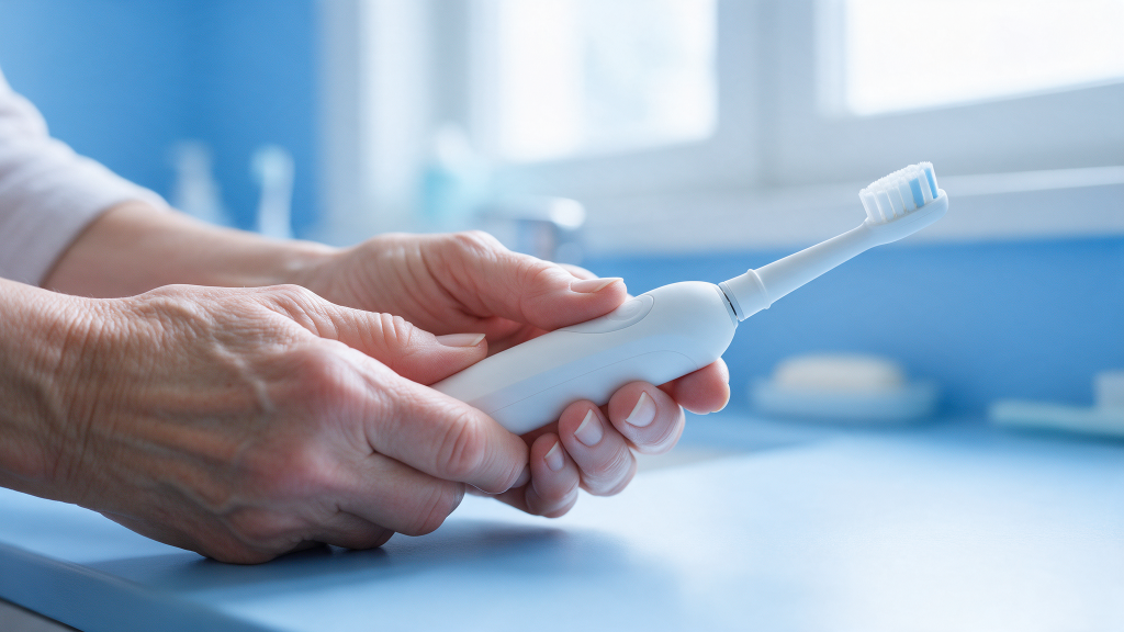 Gum disease and rheumatoid arthritis: arthritic hands holding a wide-handle powered toothbrush