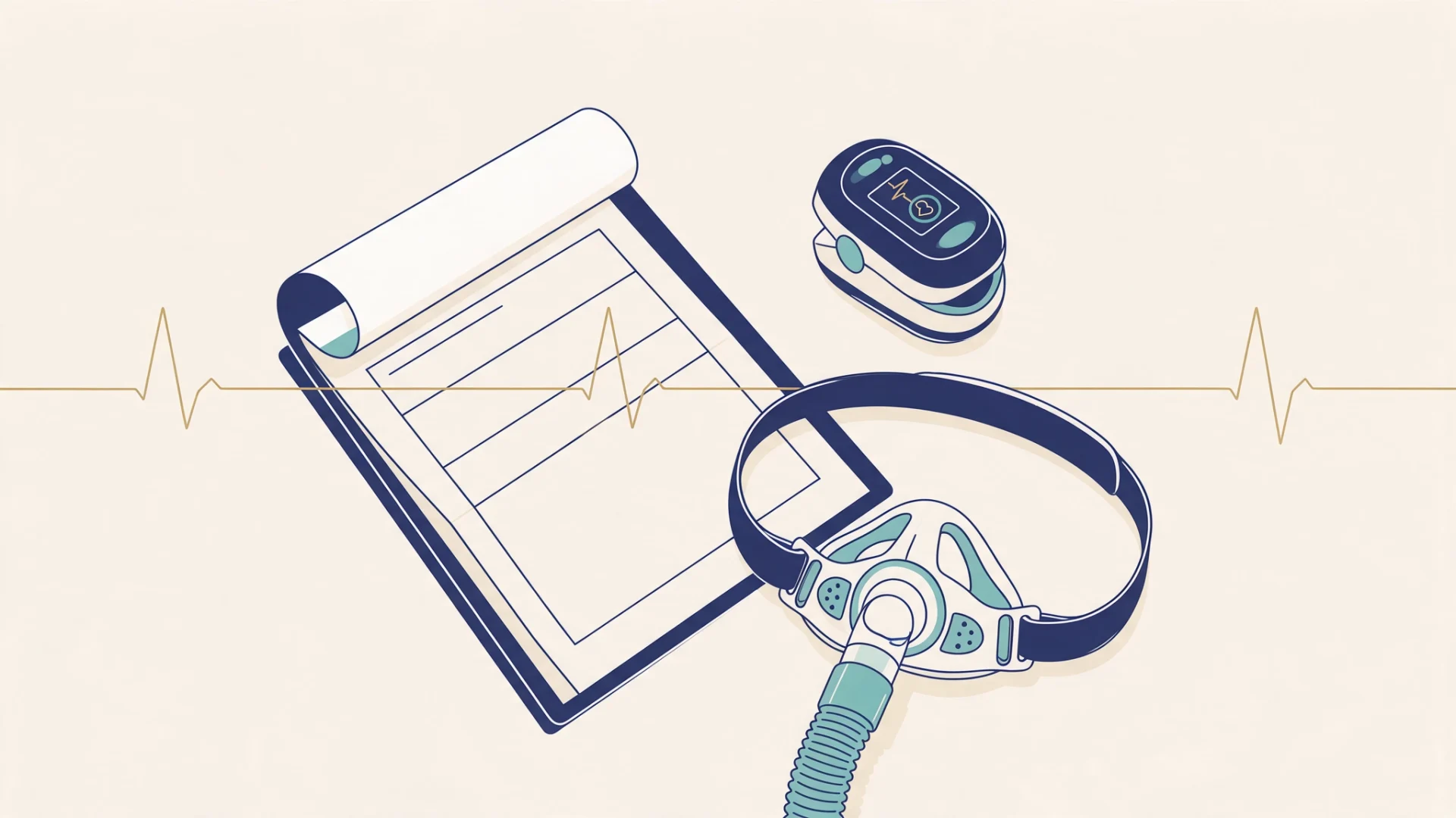 A medical history clipboard, a fingertip pulse oximeter and a CPAP nasal mask, with a heart-rate line running across them.